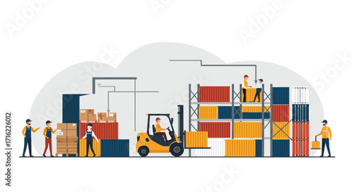 Warehouse workers organizing shipping containers and boxes in industrial setting