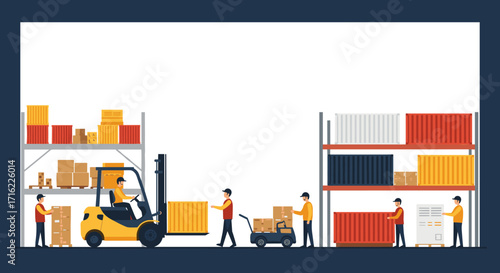 Efficient warehouse operations: teamwork in loading and storage with forklifts and containers