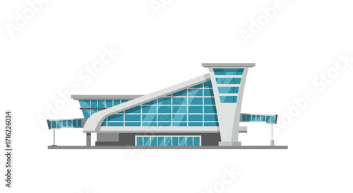 Modern flat style airport terminal with glass facade and unique architectural design