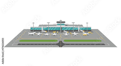 Modern airport terminal with airplanes and runways in isometric design