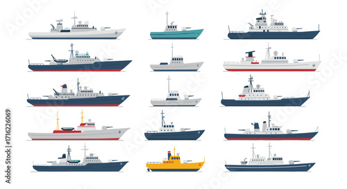 Collection of vintage warships and patrol boats in flat style art