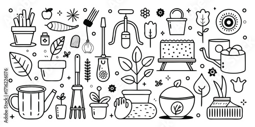 Collection of hand-drawn gardening tools and plants doodle art for creative projects