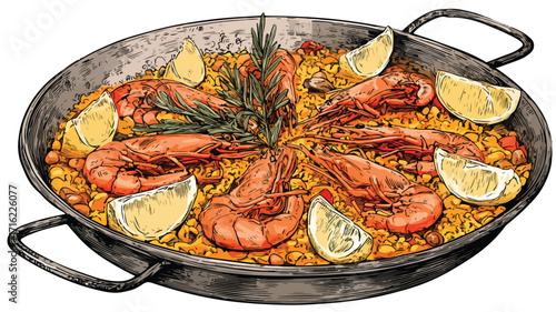 Authentic Traditional Spanish Paella Food Isolated on White Background