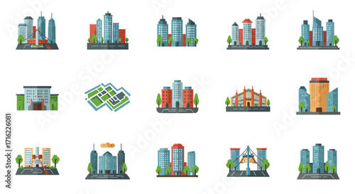 Colorful flat urban skyscraper set featuring various architectural cityscapes and iconic buildings