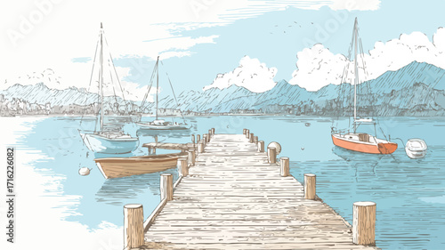 Tranquil Lakeside Pier with Moored Boats and Reflection in Water