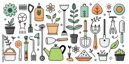 Collection of hand-drawn garden tools and plants for a vibrant outdoor space
