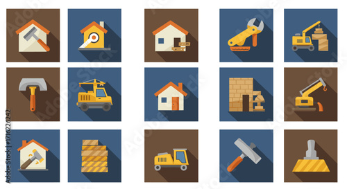 Construction tool and equipment icons in flat design with long shadows