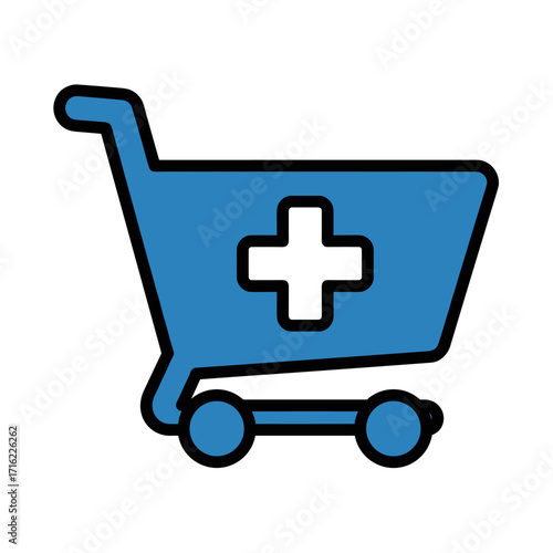 Blue shopping cart with white cross symbol for healthcare and medical shopping.
