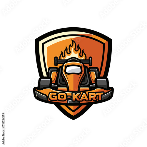 Go Kart Racing Emblem with Flames and Shield.