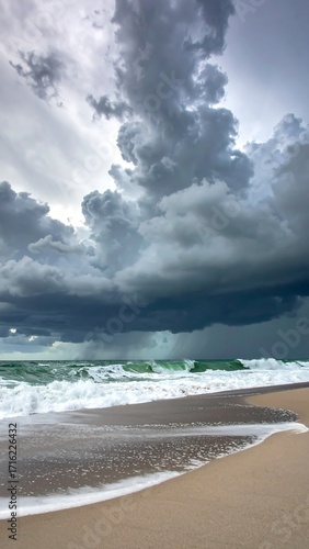Dramatic beach scene with stormy clouds