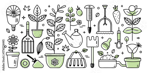 Hand-drawn gardening tools and plants collection for creative projects and designs