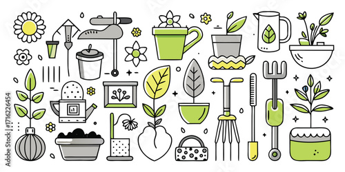 Charming hand-drawn gardening tools and plants collection for your garden