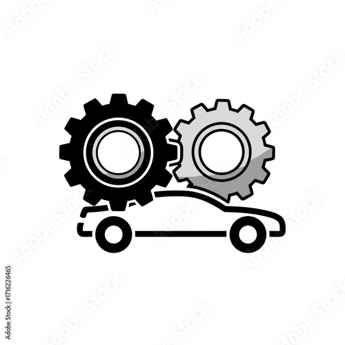Car gears and silhouette icon representing automotive industry and mechanical engineering.