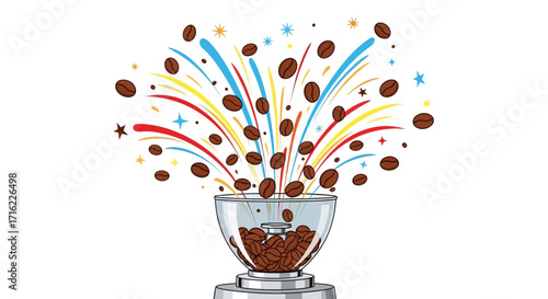 Explosion of rich coffee beans erupting from grinder with vibrant colorful bursts