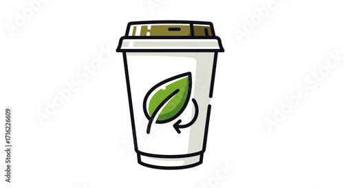 Sustainable coffee cup with green leaf and recycle symbol for eco-friendly beverage service