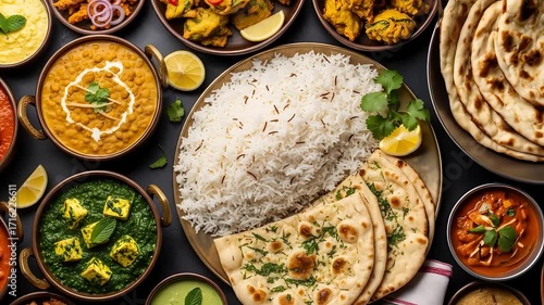 Overhead View of Indian Cuisine Featuring Rice Naan Curry and Assorted Dishes