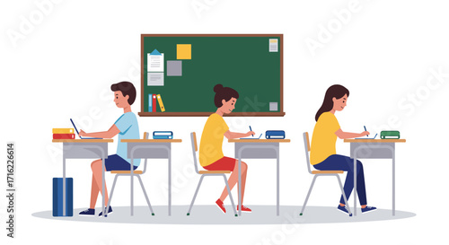 Students sitting in classroom with chalkboard and books in a flat design