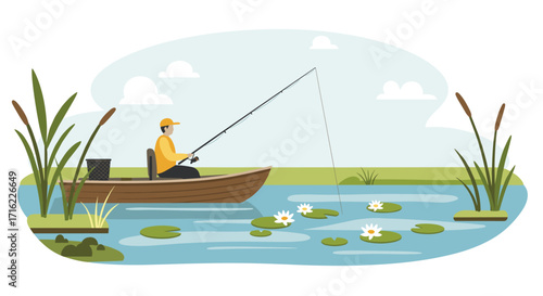Peaceful fishing adventure on a calm lake surrounded by nature in minimalist style
