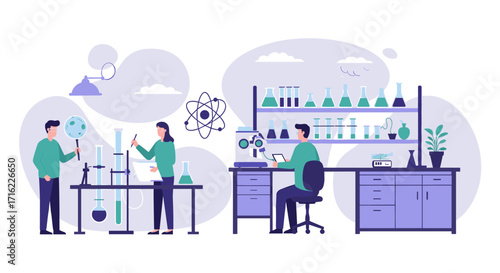 Modern scientific laboratory with researchers and equipment in flat design