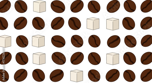 Charming coffee bean and sugar cube pattern evokes warm mornings and delicious beverage moments