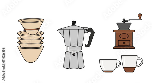 Brewing coffee with vintage grinder, moka pot, cups, and stacking bowls for the perfect morning ritual.
