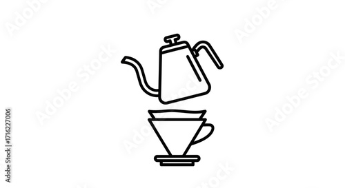 Pour over coffee brewing process, elegant kettle pouring hot water onto grounds in filter