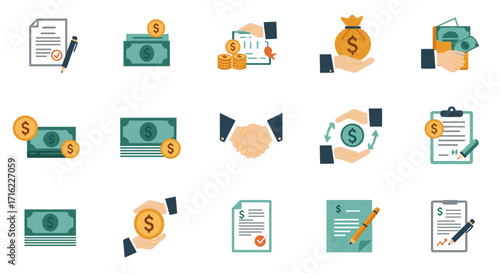 Business and finance icons set: money, contracts, and transactions