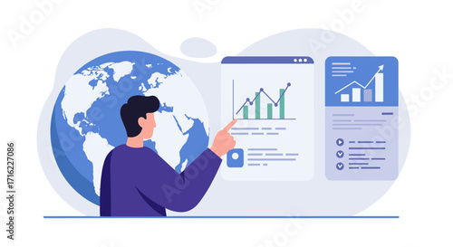 Businessman analyzing global market trends with interactive charts and world map