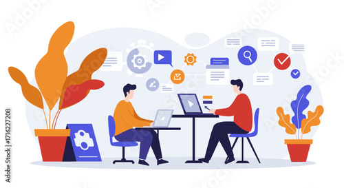 Collaborative teamwork in a modern office setting with technology elements