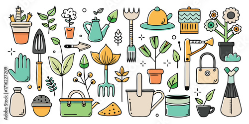 Whimsical doodle collection of gardening tools plants and pots for garden enthusiasts