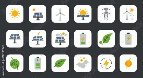 Renewable energy icons set featuring solar panels, wind turbines, and eco-friendly elements
