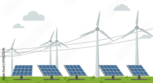 Renewable energy landscape with solar panels and wind turbines in minimalist style