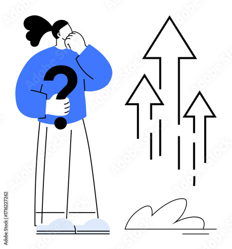 Thoughtful woman holding question mark considers opportunities with upward arrows representing progress. Ideal for decision-making, career growth, problem-solving, self-reflection, ambition, personal