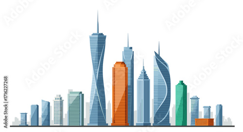 Vibrant modern cityscape with diverse skyscrapers in flat design on a white background