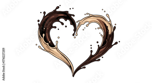 Rich chocolate and creamy liquid splashes form an elegant heart, perfect for desserts and romance