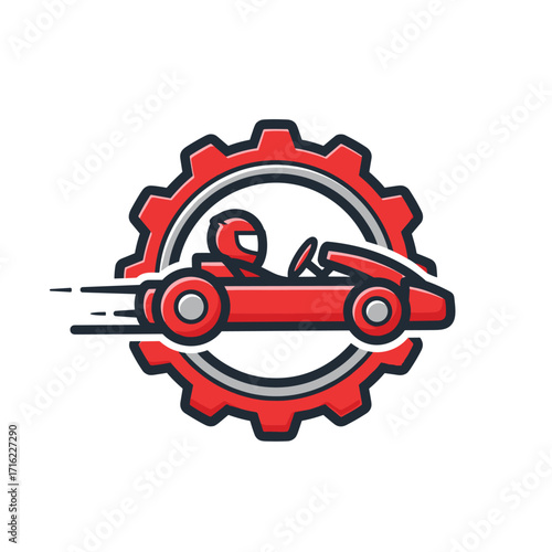 Red Go Kart Racing Inside a Gear Symbol.