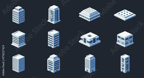 Set of isometric city buildings on dark background
