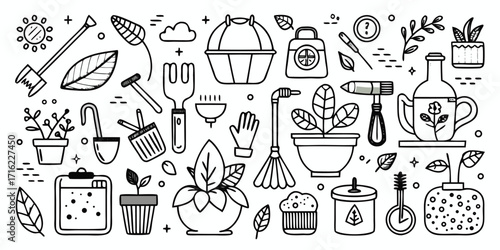 Collection of gardening tools and plants a whimsical doodle for garden lovers