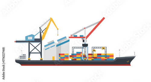 Cargo ship with cranes and containers in a flat style for maritime transport designs