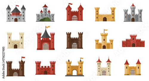 Collection of colorful medieval castles in flat design style