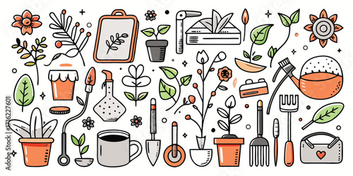Whimsical hand drawn gardening tools and plants for a blooming garden adventure