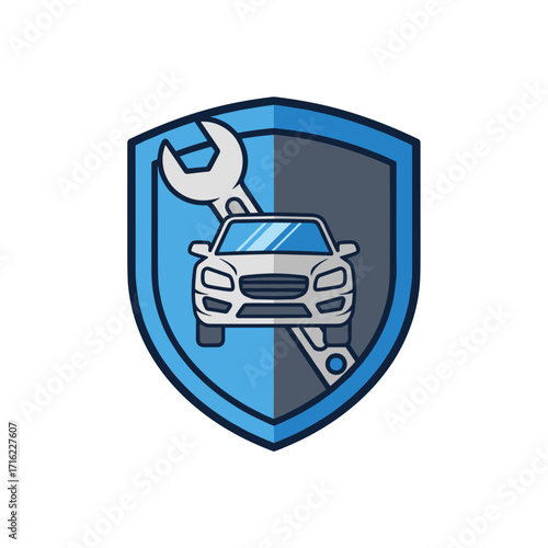 Car Repair Service Shield Logo with Wrench and Vehicle Icon.