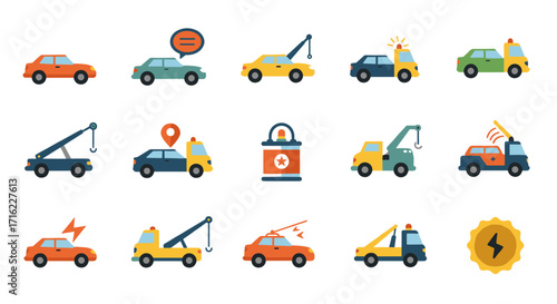 Colorful flat icons of car services and towing related concepts