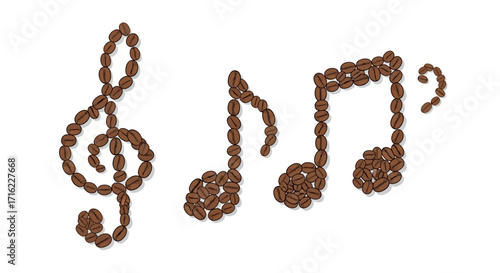 Harmonious coffee beans artfully form musical notes and a treble clef, creating a vibrant composition.