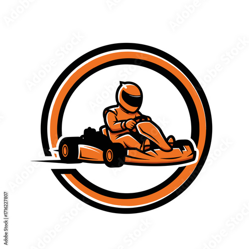 Go Kart Racer Driving Fast In Circular Emblem Logo Design.