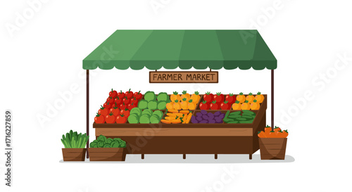 Fresh produce stall displayed at a vibrant farmers market with colorful vegetables