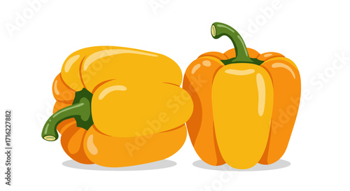 Bright yellow bell peppers with stems on white background