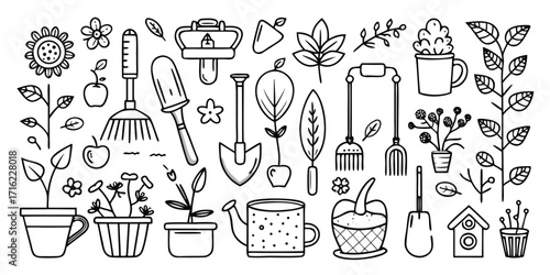 Hand-drawn gardening tools and plants collection for creative projects