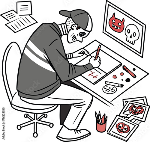 An artful cartoon vector drawing of a businesswoman sitting in a chair at a desk, working on her computer in an office