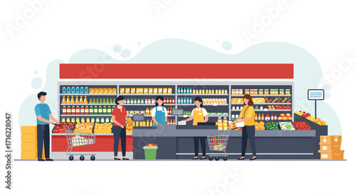 Grocery store scene with shoppers and cashiers in flat design